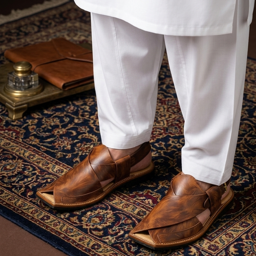 Traditional Peshawari Zalmi HP Shape Chappal with genuine leather sole by Bazora, showcasing detailed craftsmanship and classic design.