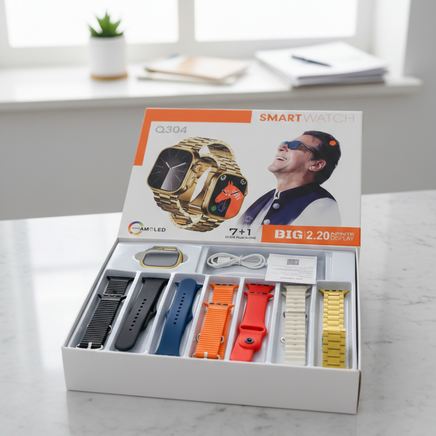 Bazora Q304 Smartwatch showing digital time display, sleek black band, and fitness tracking features on a white background.