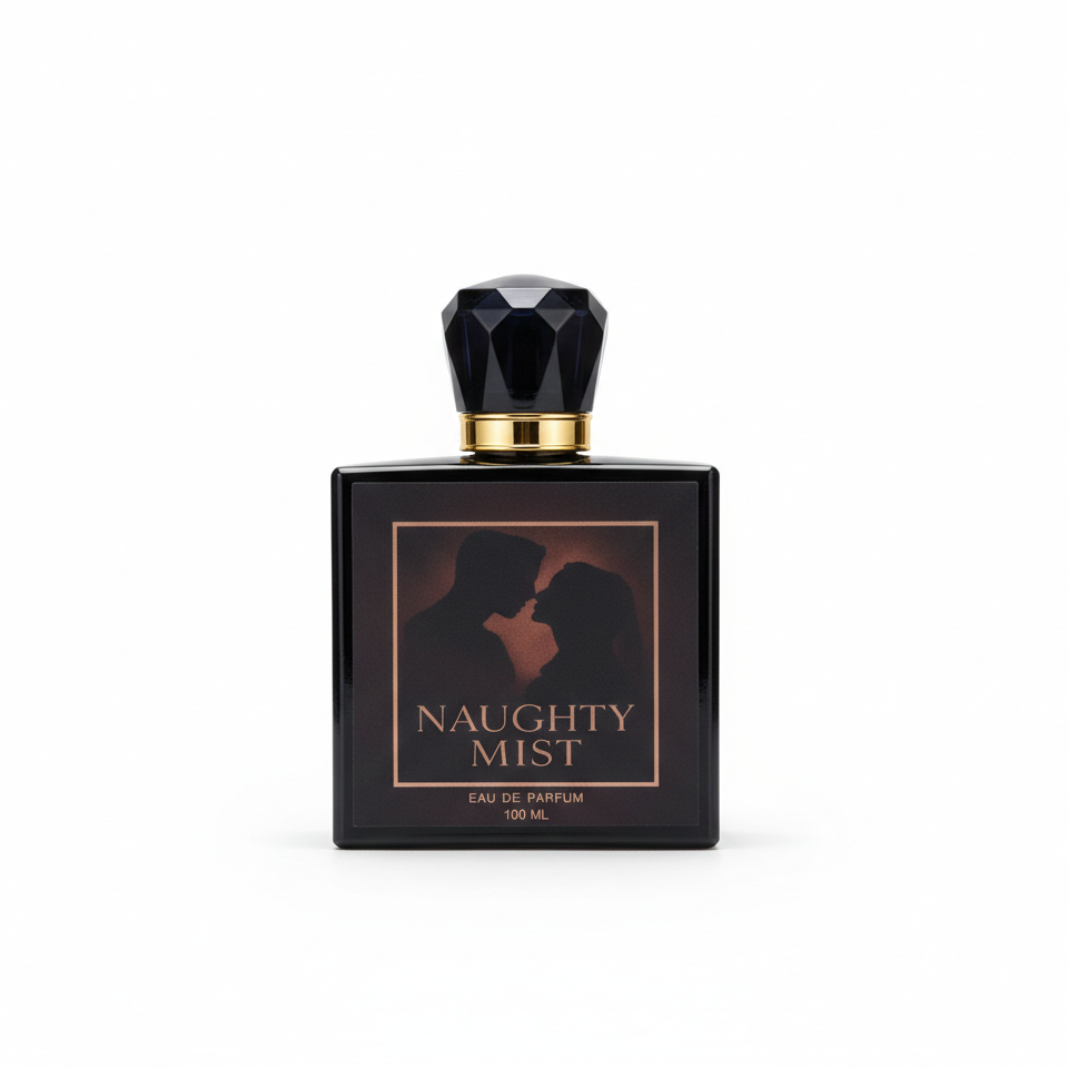 Bazora Naughty Mist unisex perfume spray bottle, 100ml, showcasing sleek packaging and fragrance spray nozzle.