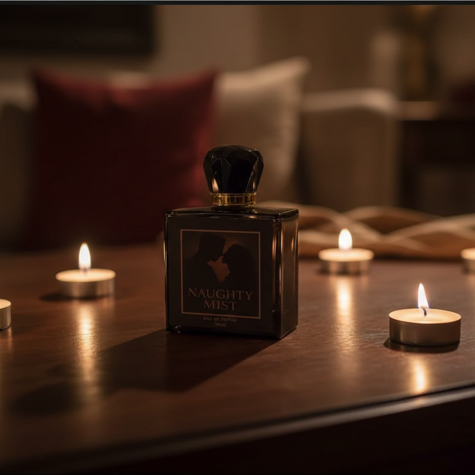 Bazora Naughty Mist unisex perfume spray bottle, 100ml, showcasing sleek design and long-lasting fragrance.